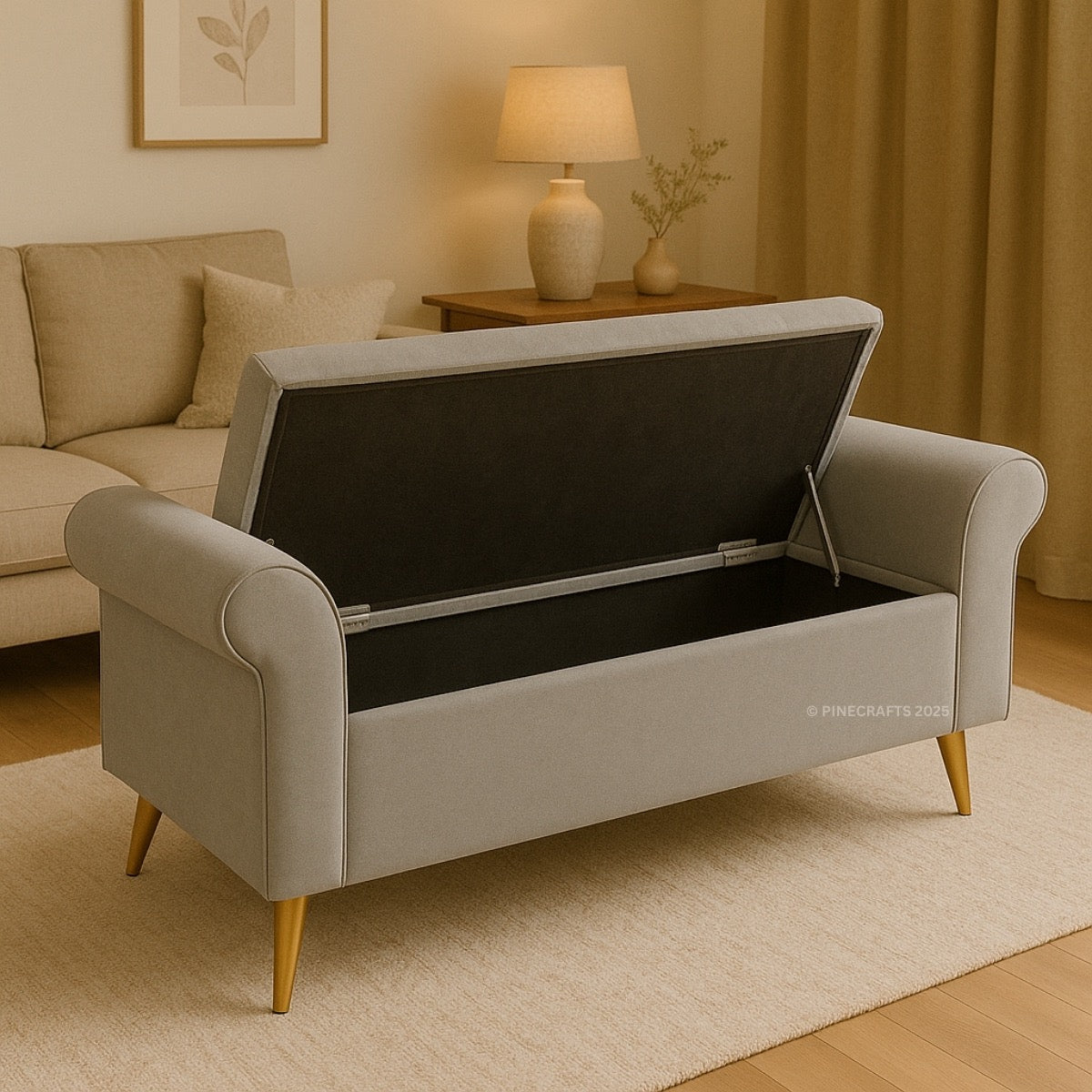 Light gray storage bench with open lid in a living room setting.