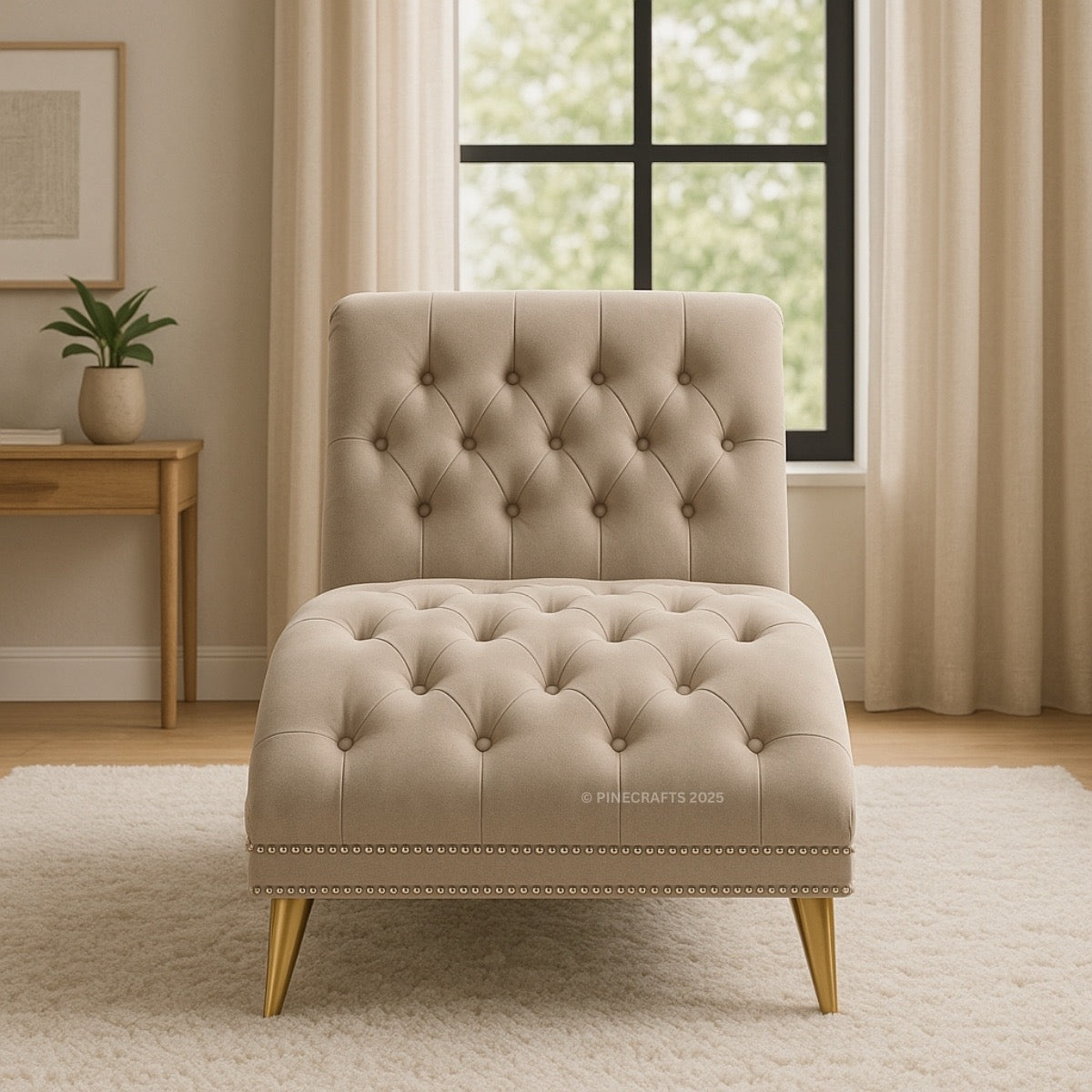 Beige tufted chair in a room with a window and side table.