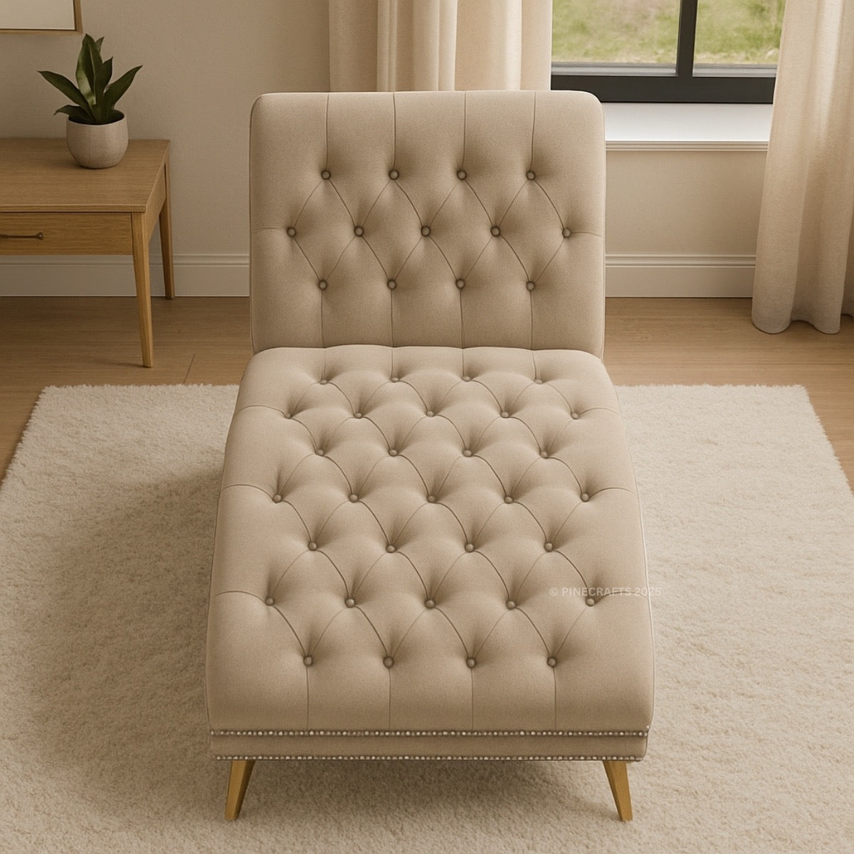 Beige tufted chair in a room with a wooden table and curtains.
