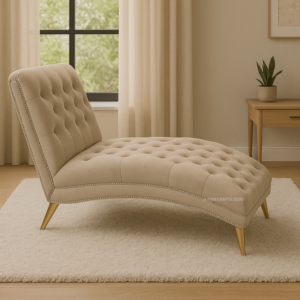 Beige tufted chaise lounge in a room with curtains and a side table.