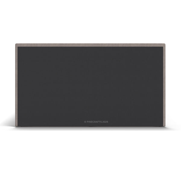 Black rectangular object with a silver frame on a white background