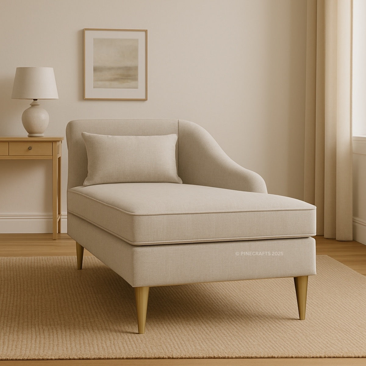 Beige armchair in a room with a lamp and framed picture on the wall.