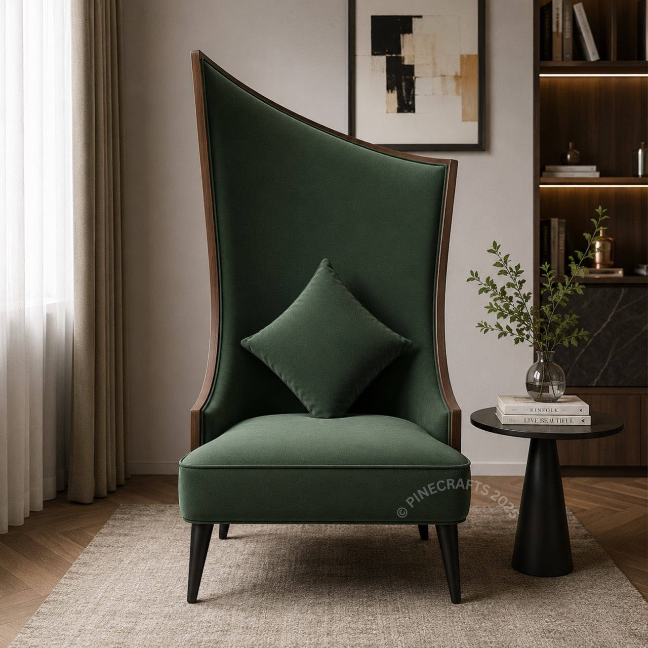 Luxury emerald green velvet wingback accent chair with modern high-back design in stylish living room interior.