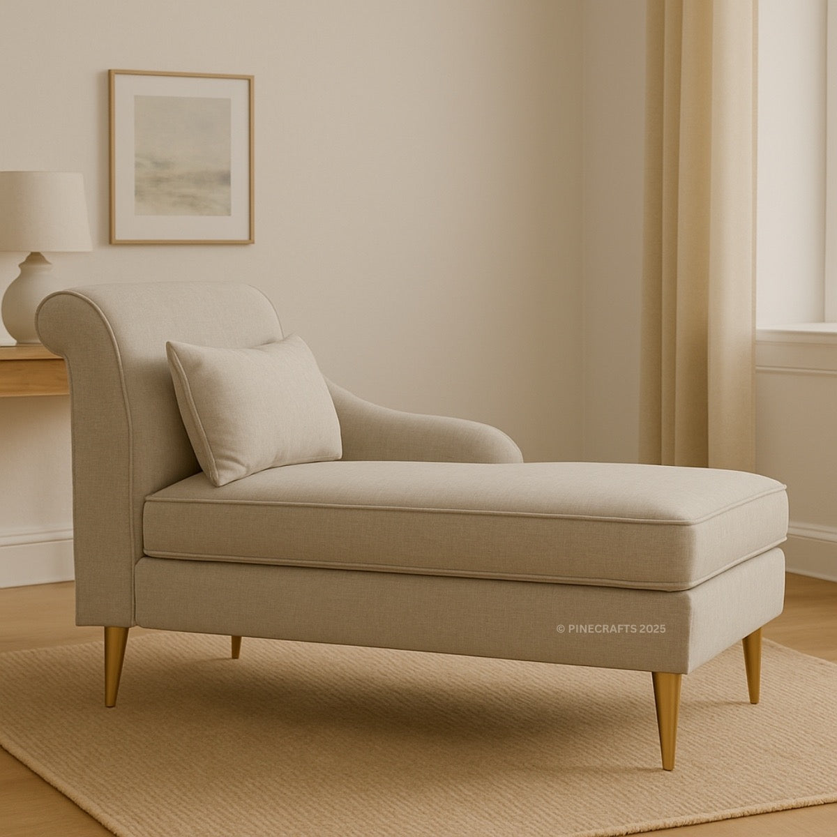 Beige chaise lounge in a room with a lamp and framed picture on the wall.