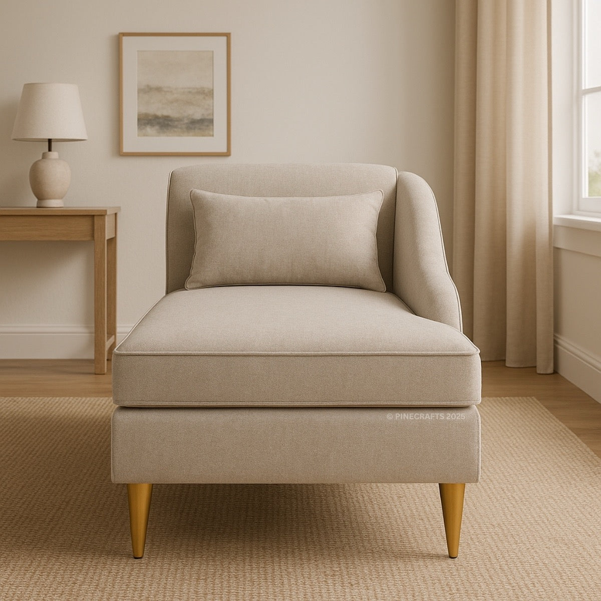 Beige armchair in a living room setting with a lamp and artwork on the wall.