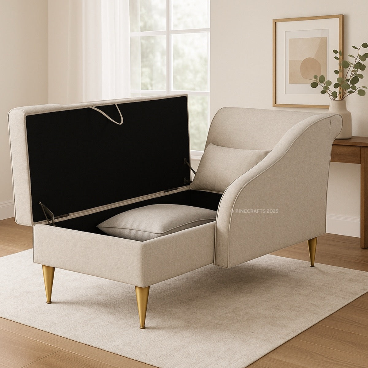Beige storage bench with a black screen in a room with a window and framed picture.