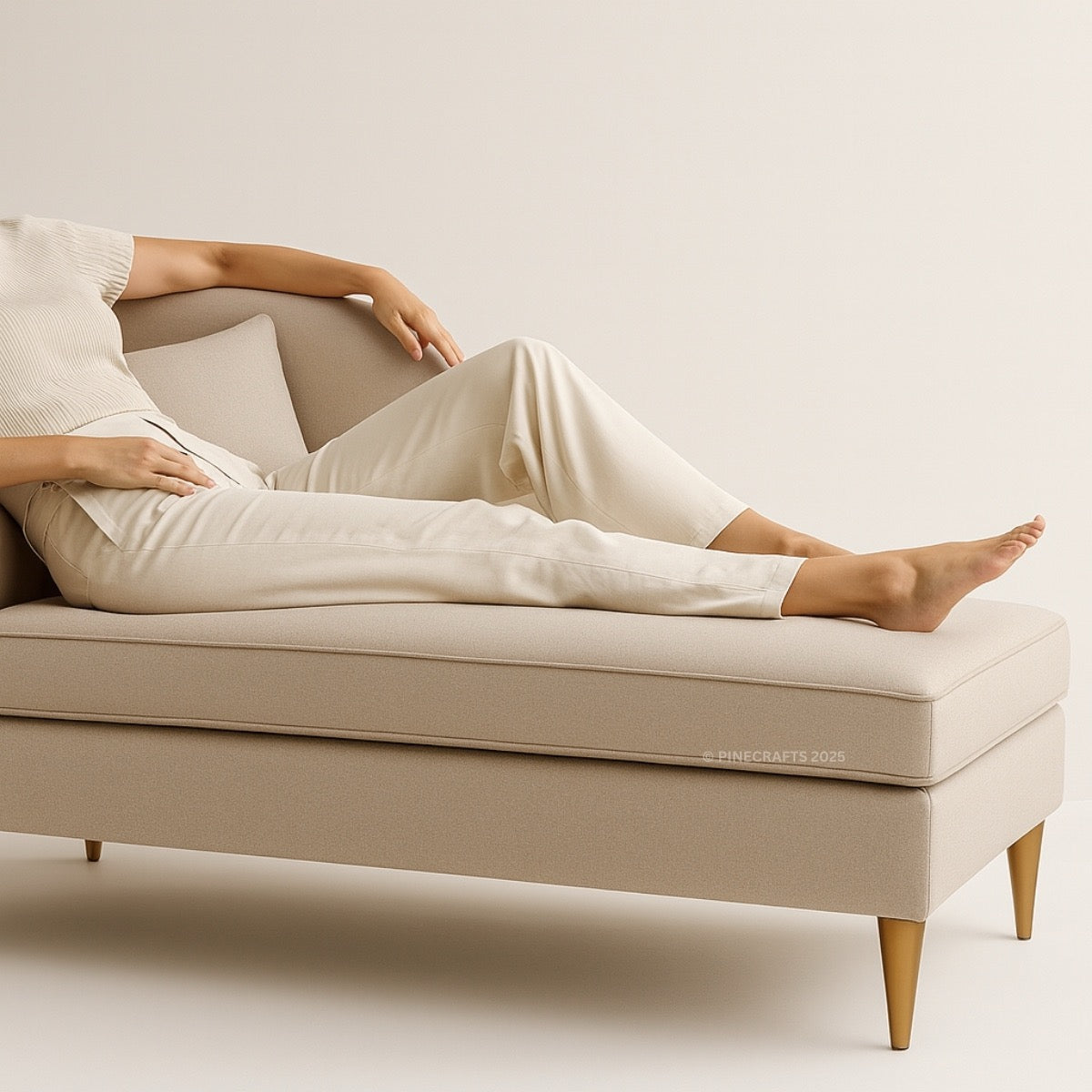 Person lounging on a beige sofa with a neutral background