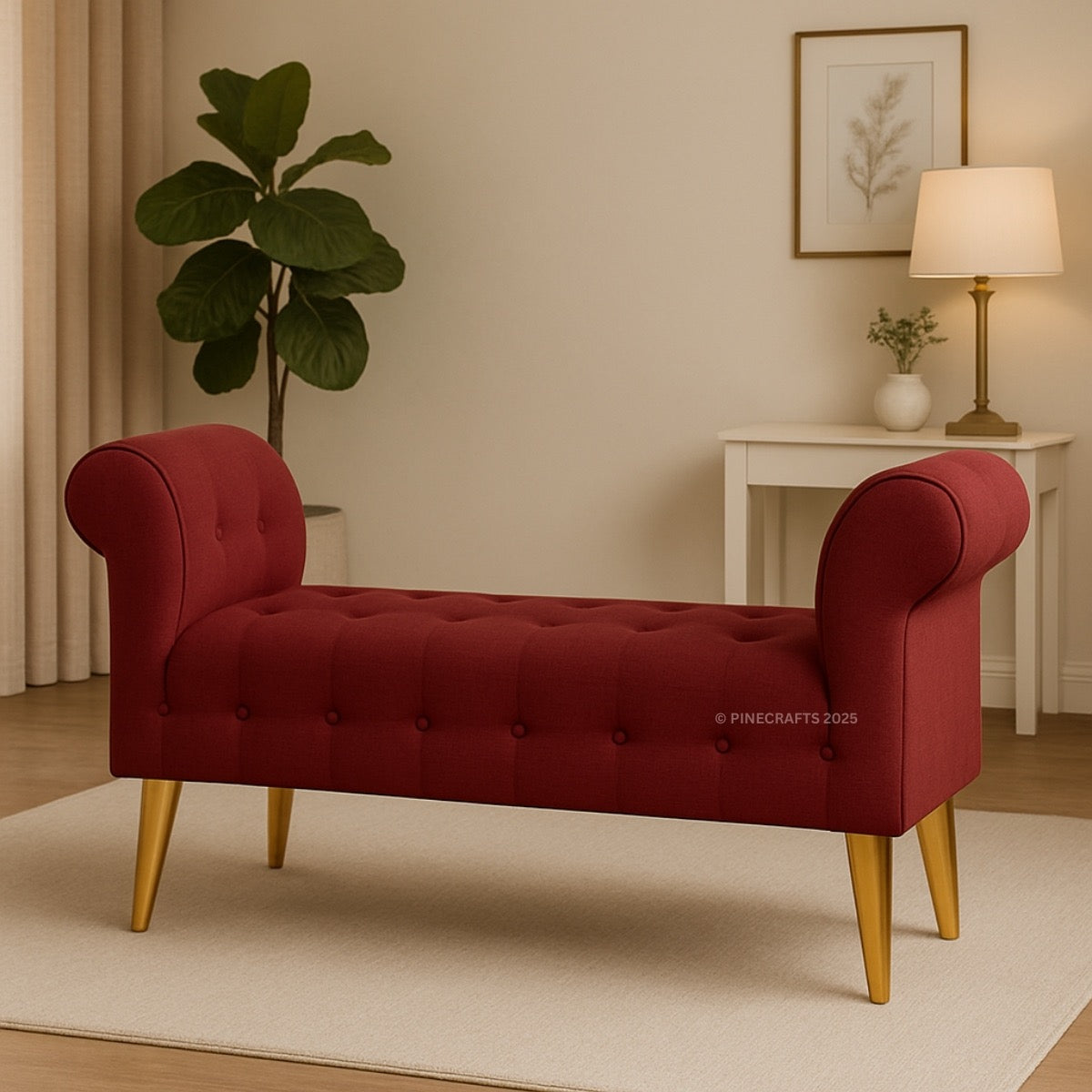 Red tufted bench with gold legs in a living room setting