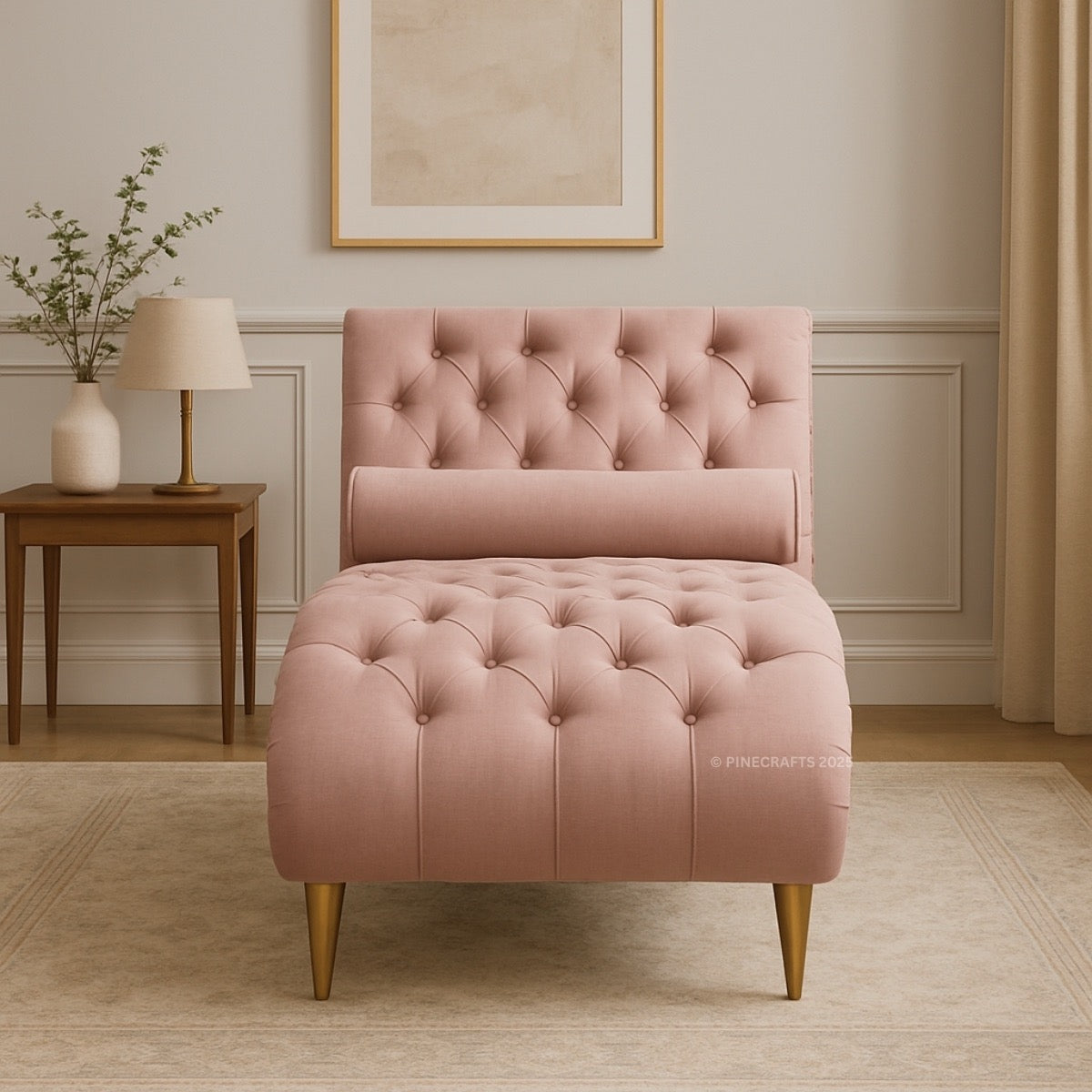 Pink tufted chair in a room with a lamp and decorative elements.