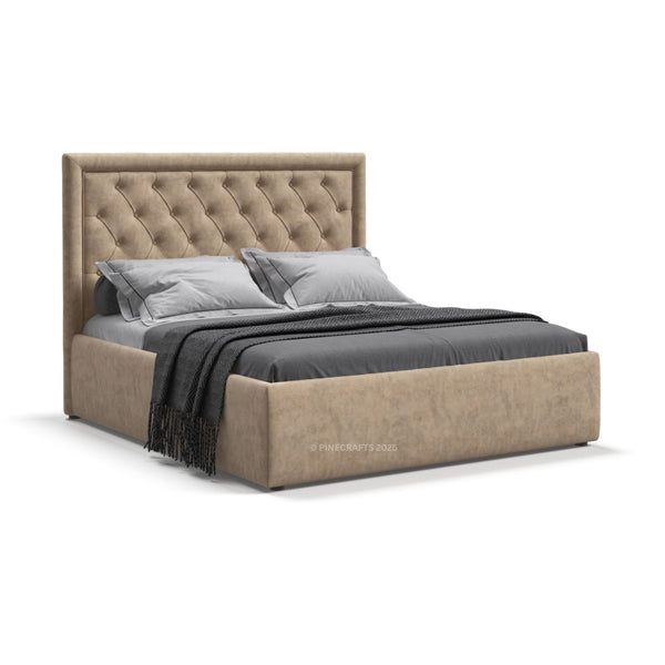 Beige upholstered bed with tufted headboard on a white background