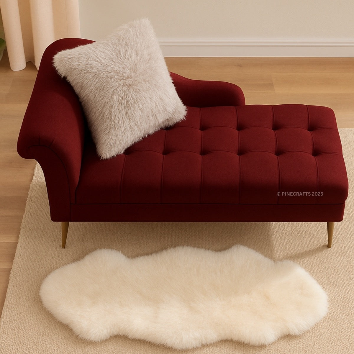 Red tufted bench with a fluffy white pillow on a beige rug