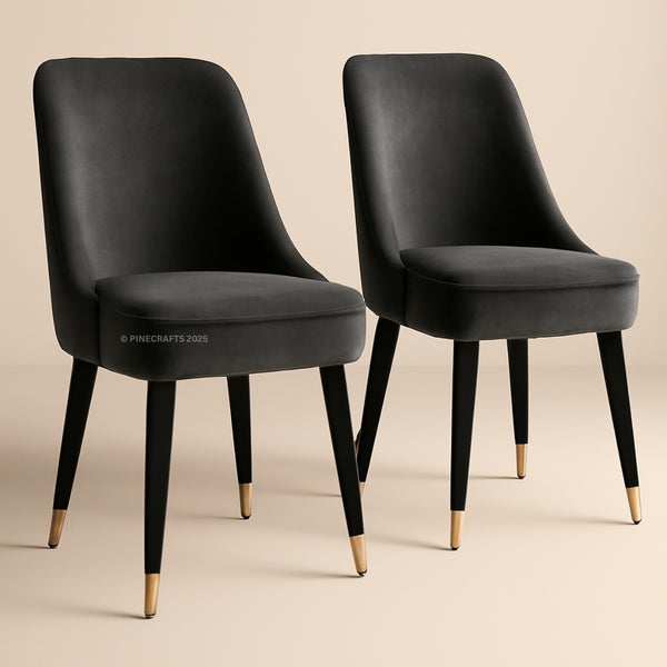 Two black chairs with gold feet on a beige background