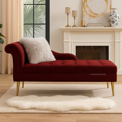 Red chaise lounge with a fluffy pillow in a living room setting.