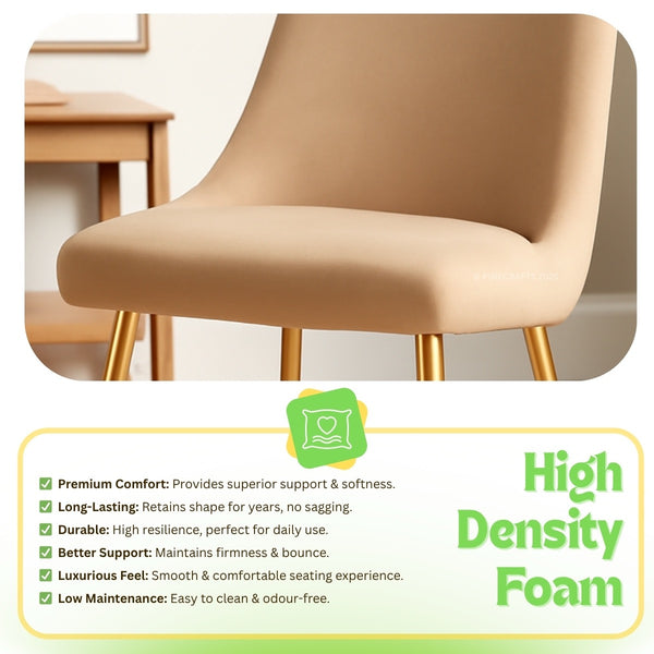 Beige chair with high-density foam features and benefits displayed below.