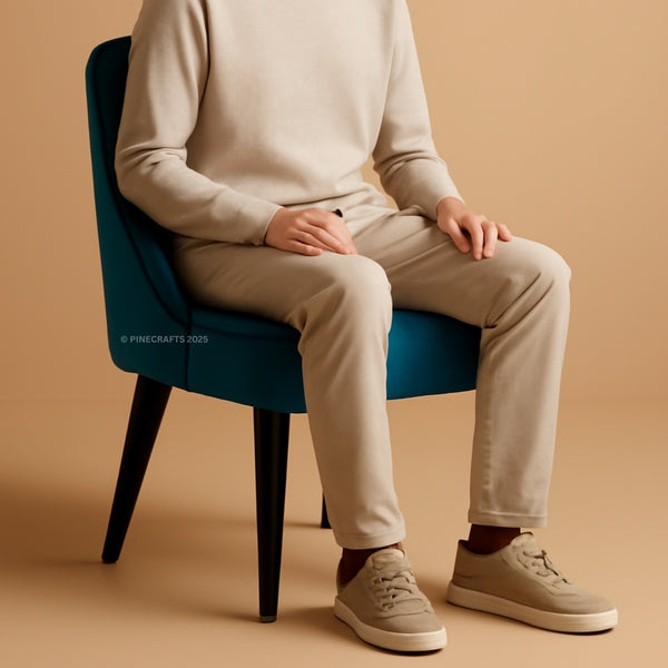 Person sitting on a blue chair wearing beige pants and shoes against a beige background
