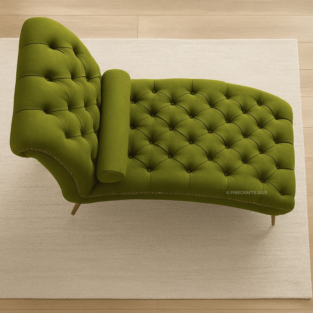 Green tufted chaise lounge on a beige rug with wooden floor