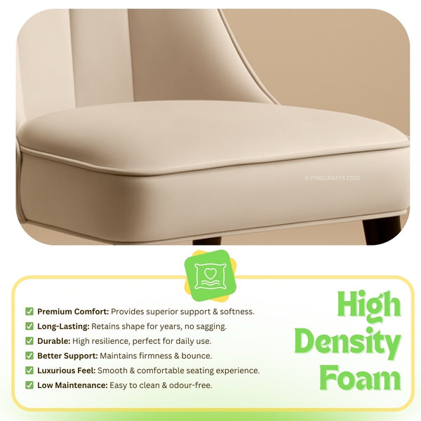 Beige chair with high density foam features and benefits displayed below.