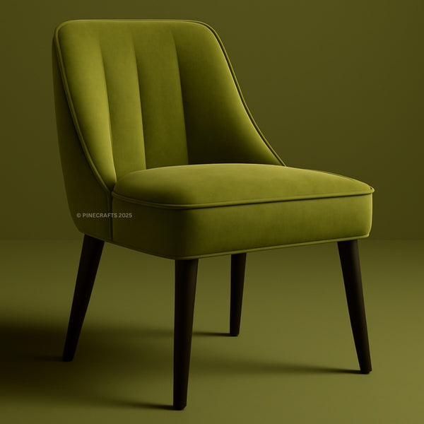Green chair with dark wood legs on a matching green background
