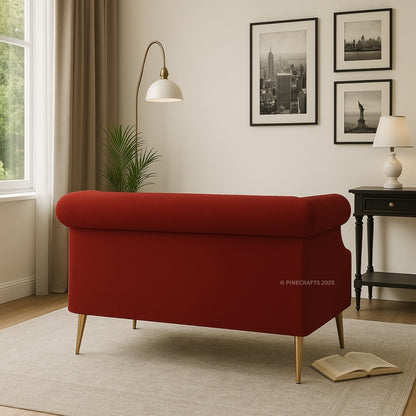 Red sofa in a living room with decor elements