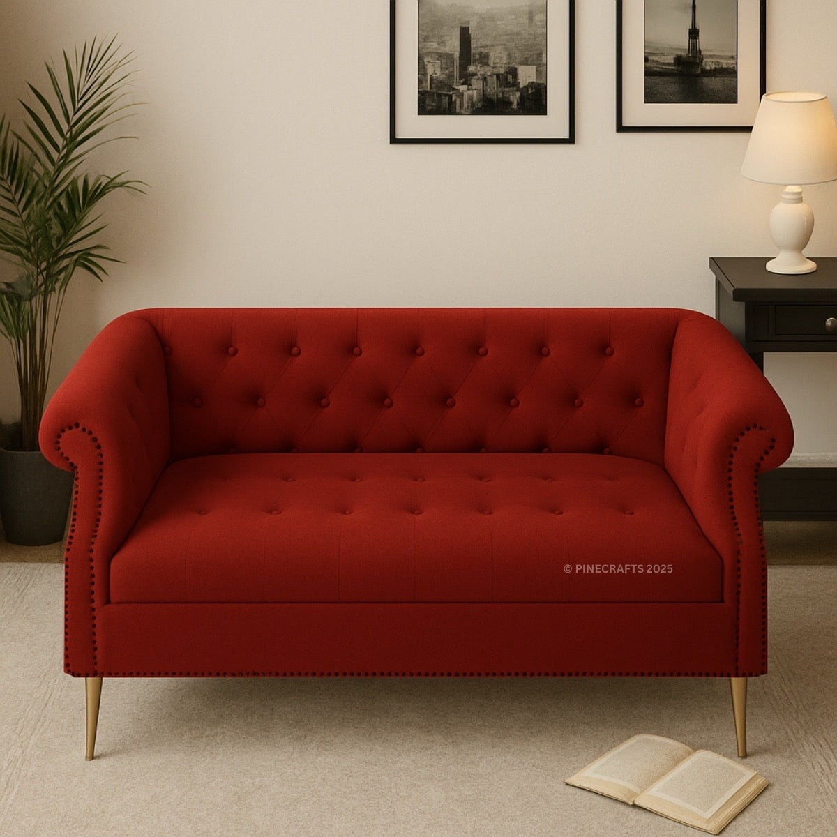 Red tufted sofa in a room with a plant, lamp, and framed pictures on the wall.