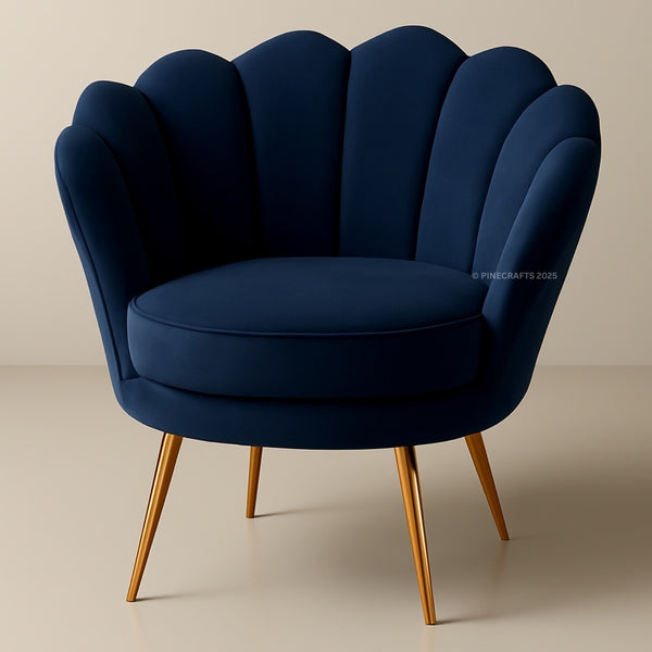 Blue armchair with scalloped backrest on a beige background