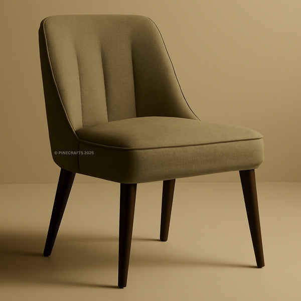 Green chair with wooden legs on a beige background