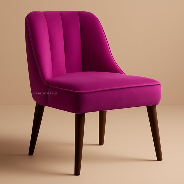 Purple chair with wooden legs on a beige background