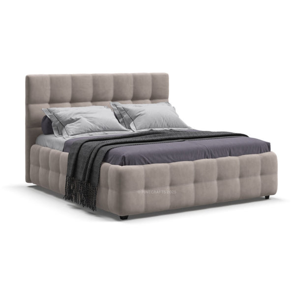 Gray upholstered bed with matching headboard on a white background