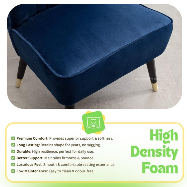 Blue ottoman with high density foam features and benefits on a gray background