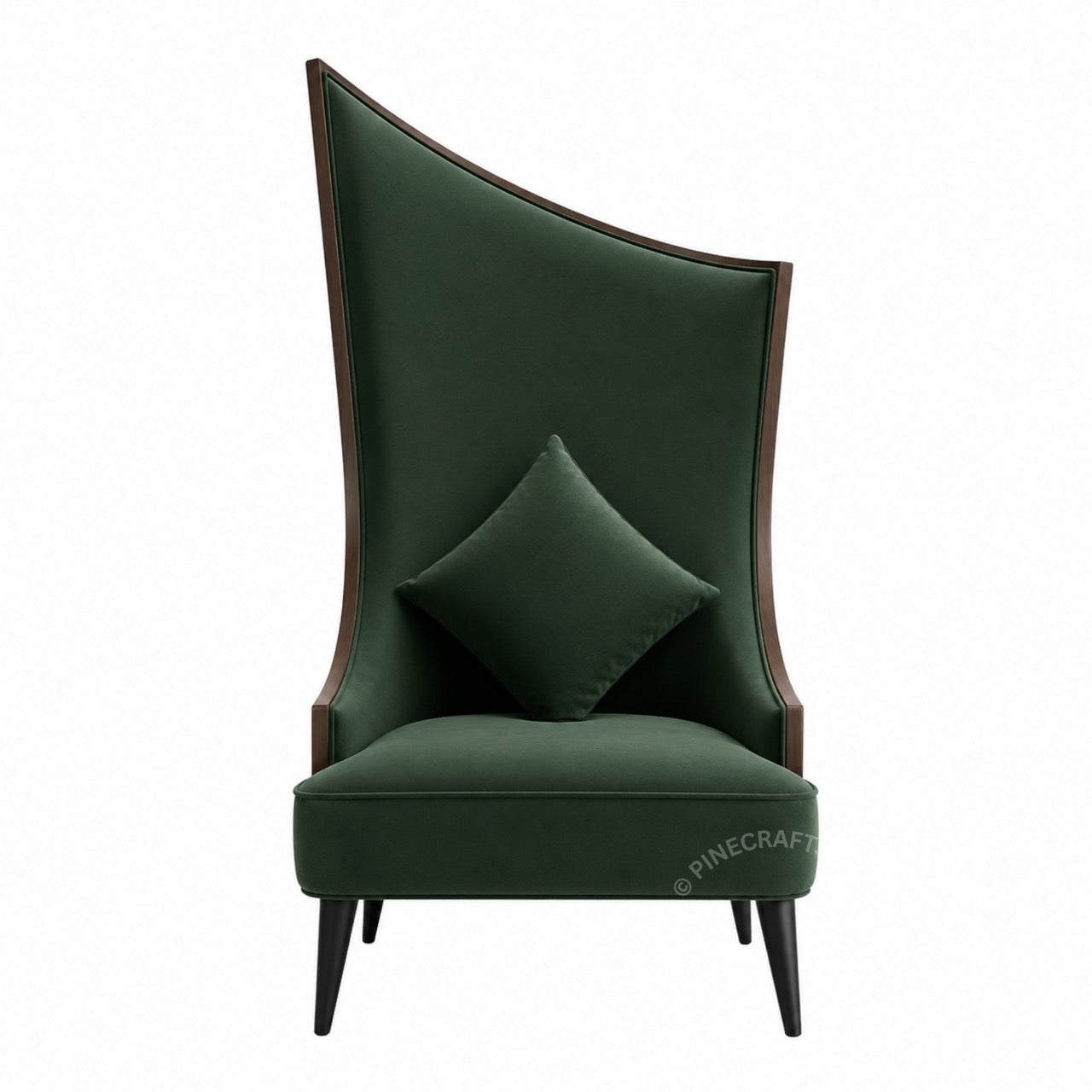 Luxury emerald green velvet wingback accent chair with modern high-back design in stylish living room interior.