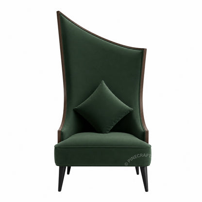 Luxury emerald green velvet wingback accent chair with modern high-back design in stylish living room interior.