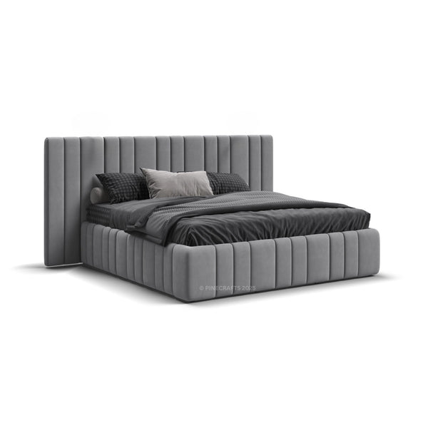 Gray upholstered bed with matching headboard on a white background