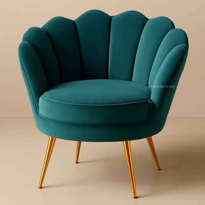 Teal armchair with gold legs on a beige background