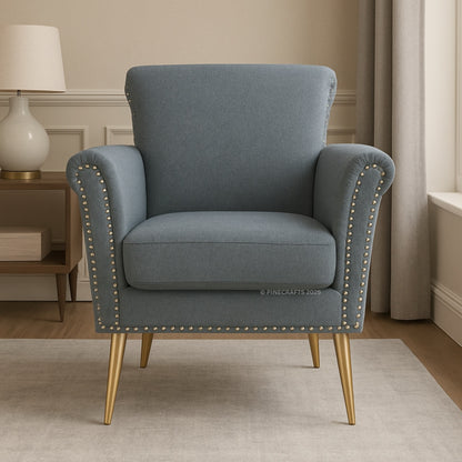Blue armchair with gold accents in a room setting