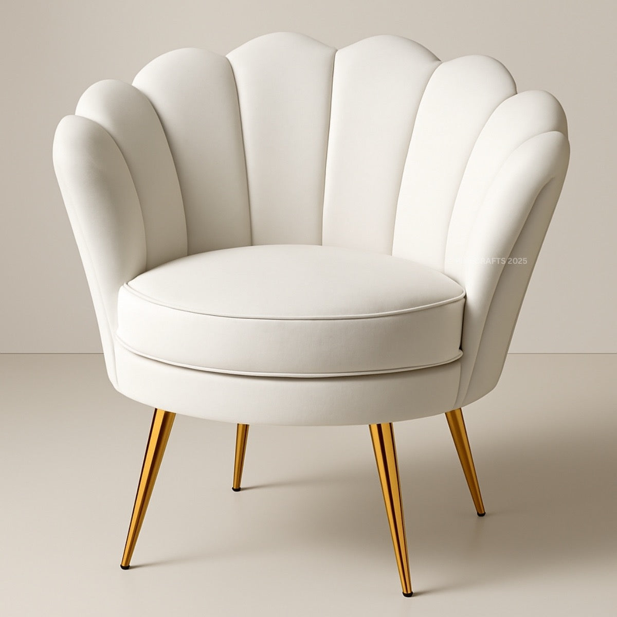 White armchair with scalloped backrest and gold legs on a beige background