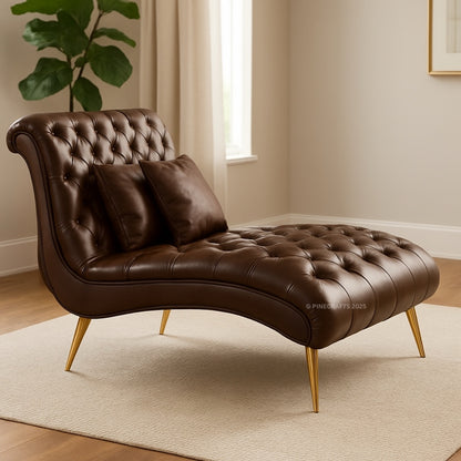 Brown leather chaise lounge in a room with a plant and window.