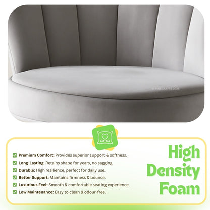 Gray chair with high-density foam features and benefits displayed below.