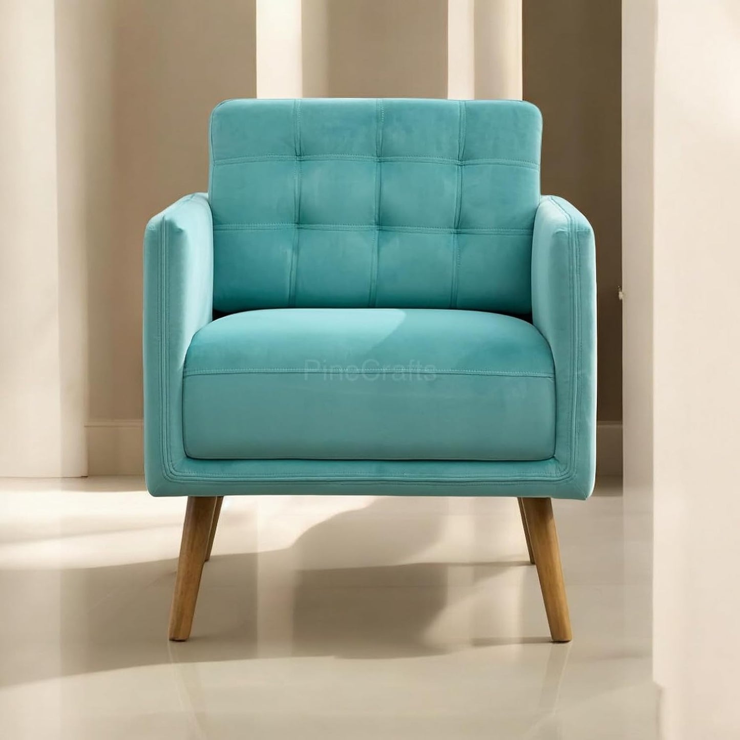 Cozy Single Seater Living Room Chair | Ergonomic Wooden Armchair for Ultimate Comfort (Sea Green)