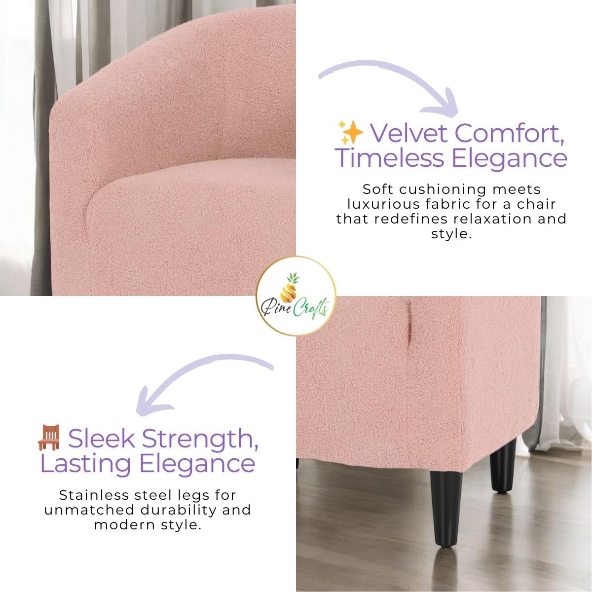 PineCrafts Compact and Durable Living Room Chair | Stylish Wooden Accent Chair for Home (Rosegold)