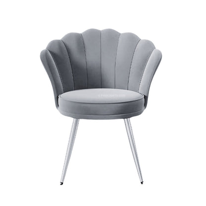 Gray shell-shaped chair with metal legs on a white background
