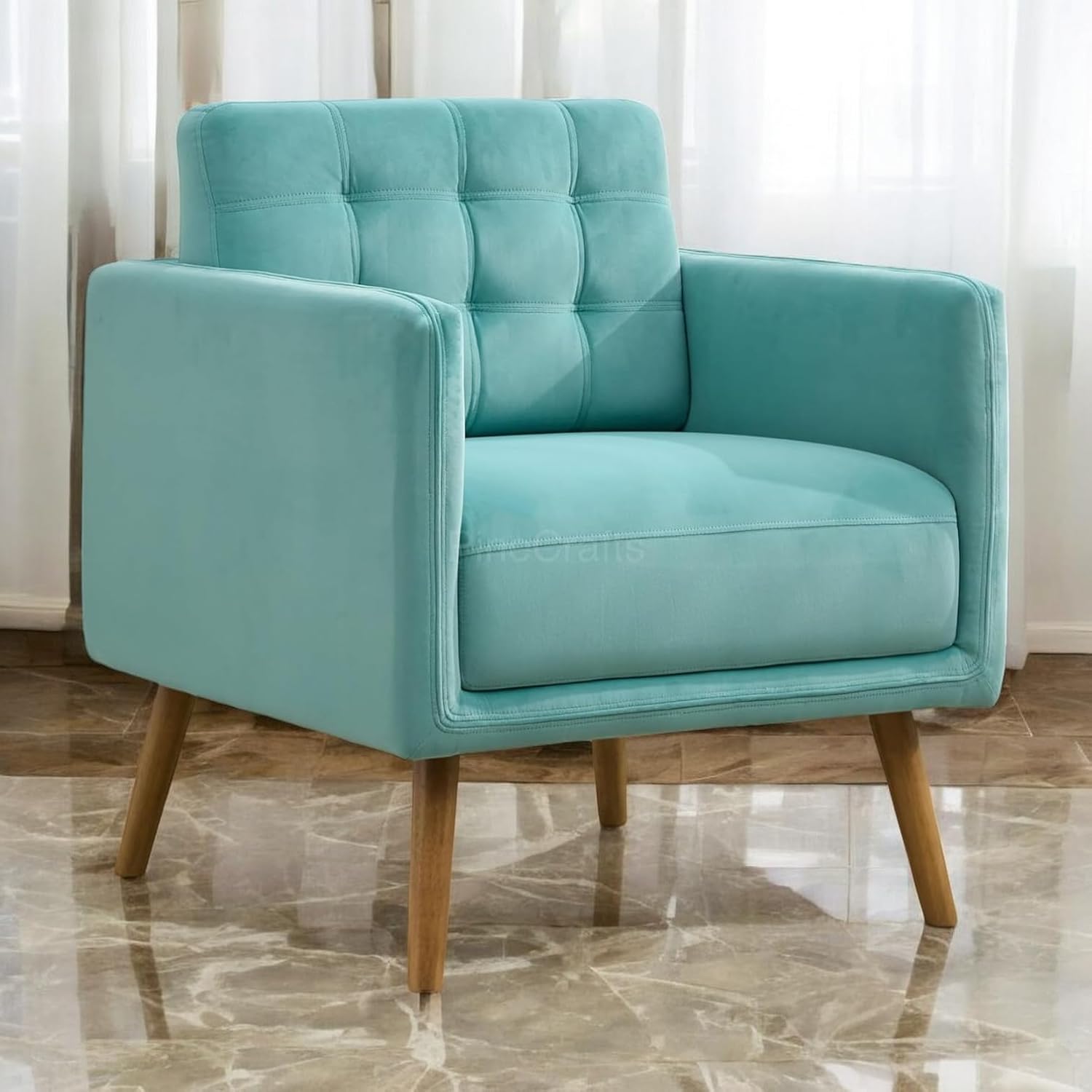 Cozy Single Seater Living Room Chair | Ergonomic Wooden Armchair for Ultimate Comfort (Sea Green)