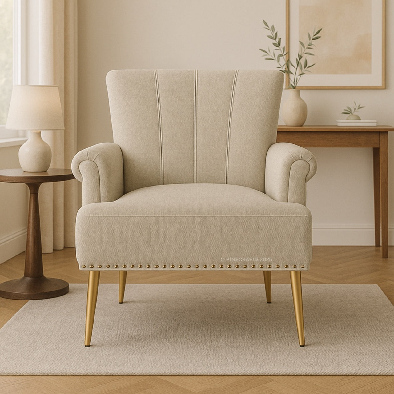 Beige armchair with gold legs in a living room setting