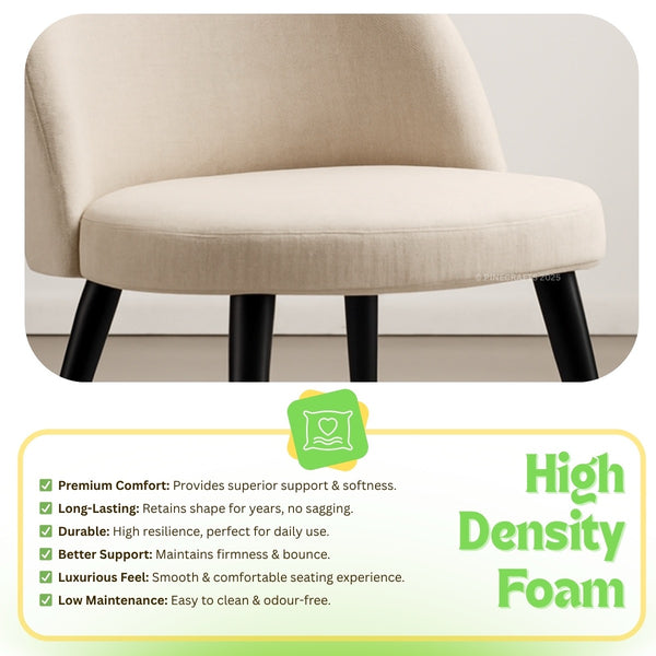 Beige armchair with black legs on a light gray background, featuring text about high-density foam.