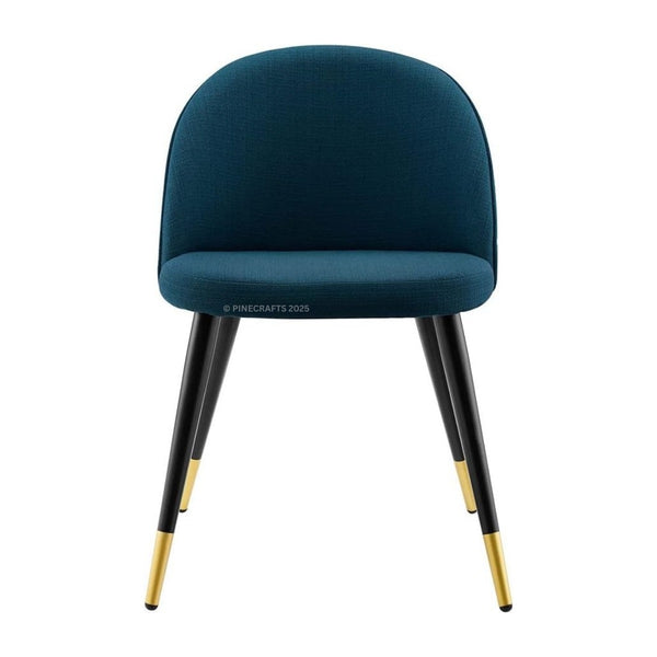 Blue chair with black legs and gold accents on a white background
