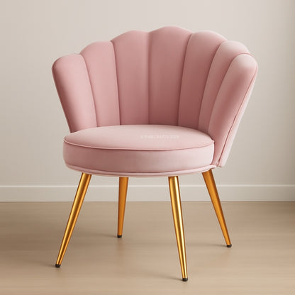 Pink chair with gold legs on a beige floor and wall