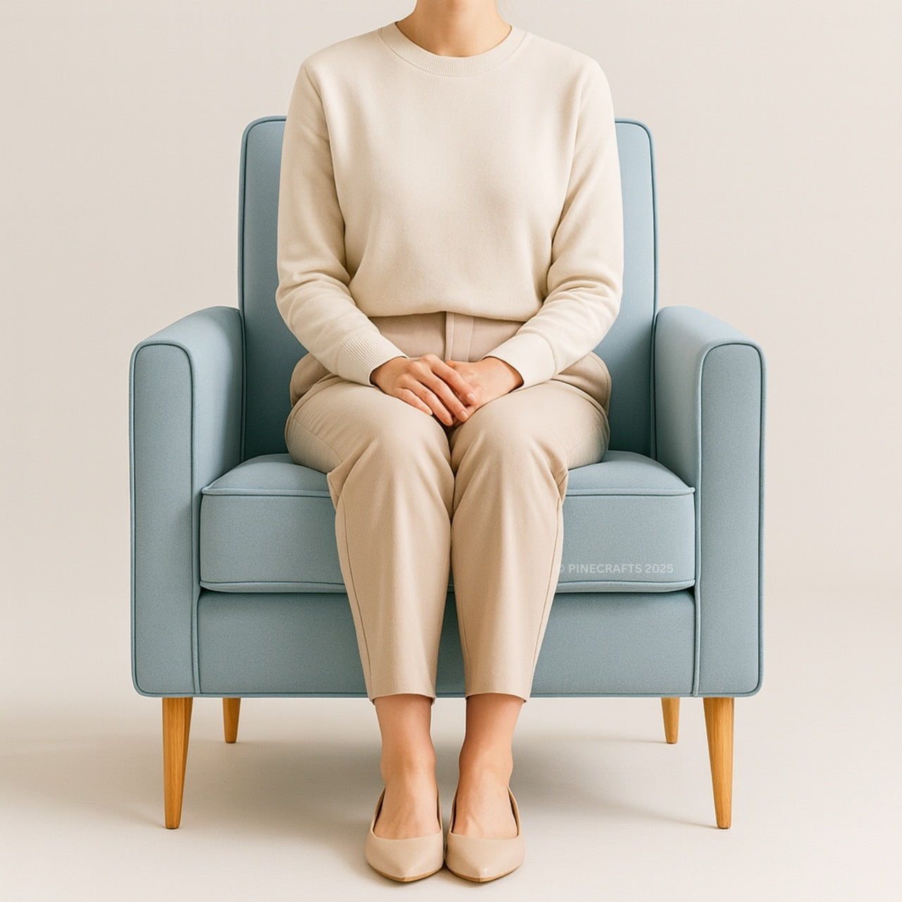 Person sitting on a light blue armchair wearing a beige outfit.