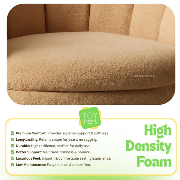 Beige sofa with high density foam text and features on a white background
