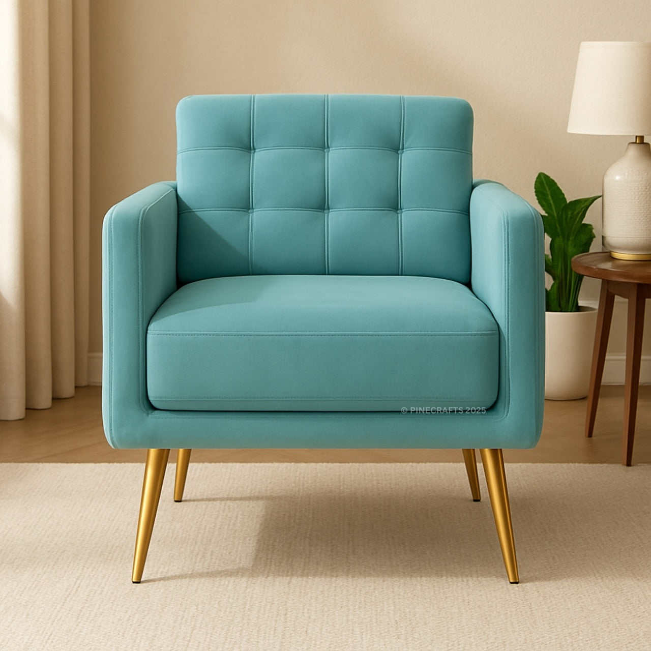 Teal armchair with gold legs in a room setting