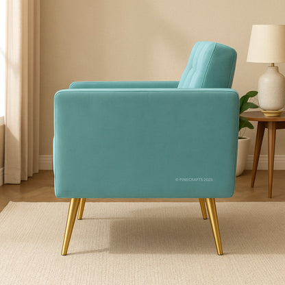 Teal armchair with gold legs in a room setting