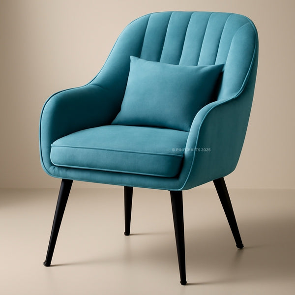 Blue armchair with a pillow on a beige background